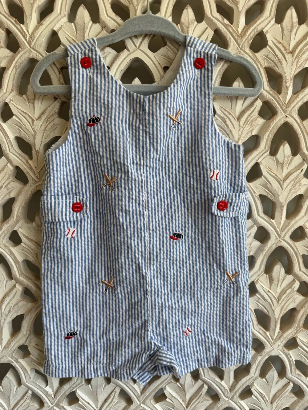 Goodlad Baby Boys Seersucker Baseball Shortall Romper 12M